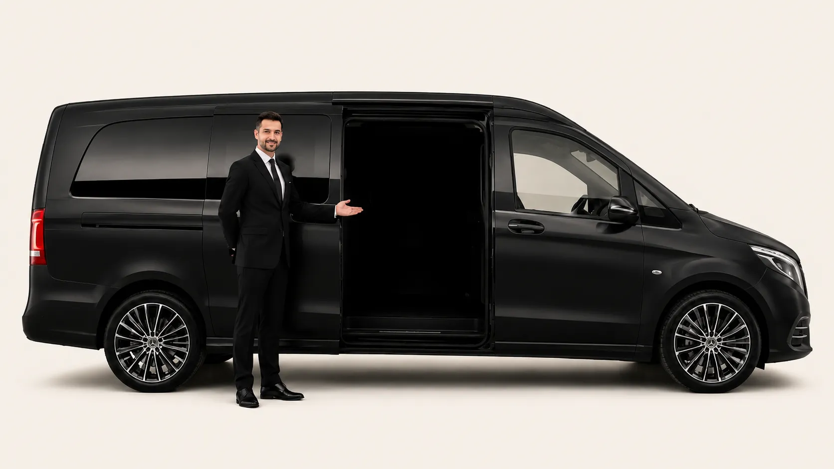 Chauffeur in suit next to the luxury Mercedes V-Class van with the sliding door open, ready to welcome on board