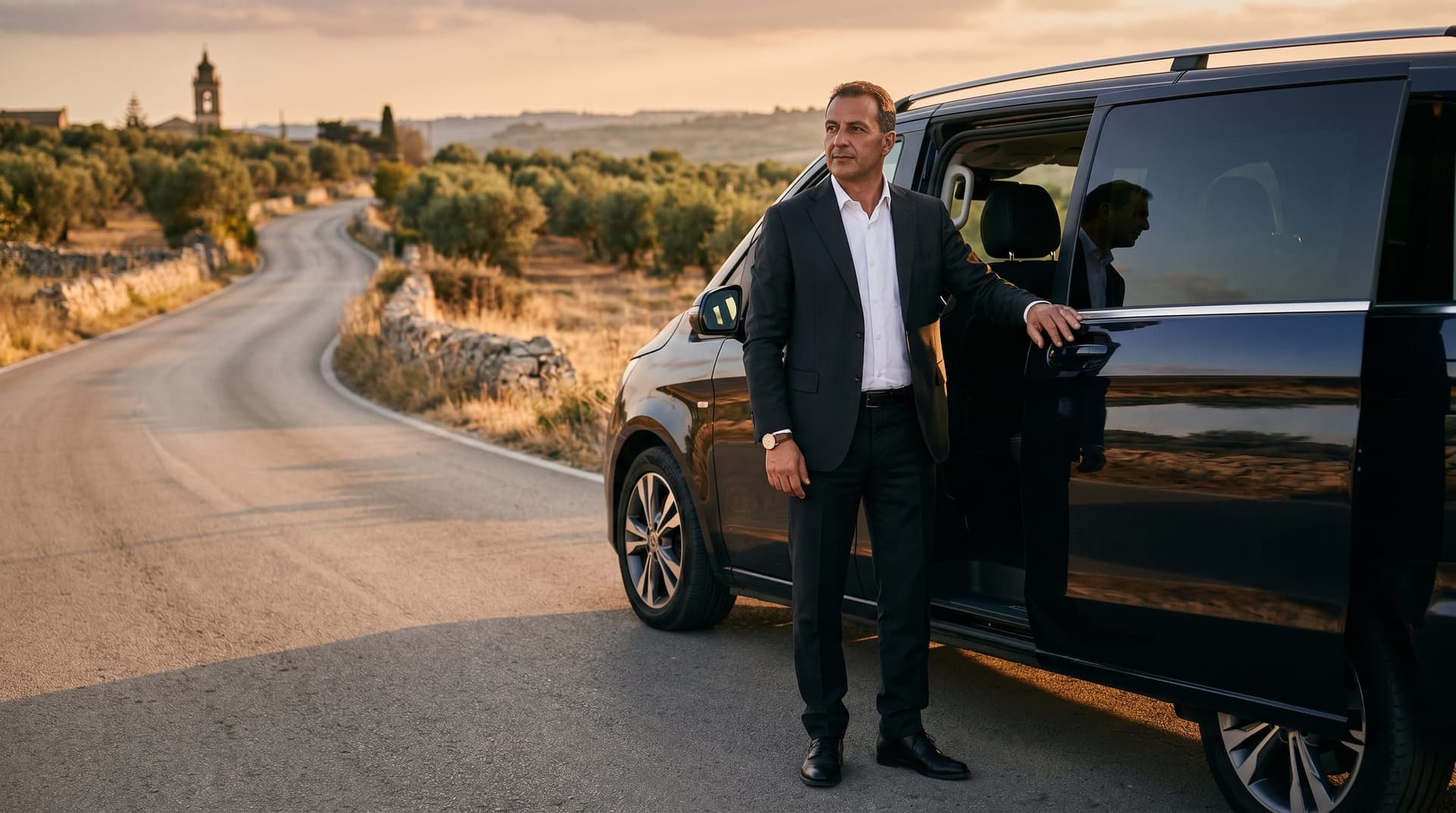 Luxury van parked on a Val di Noto road at sunset
